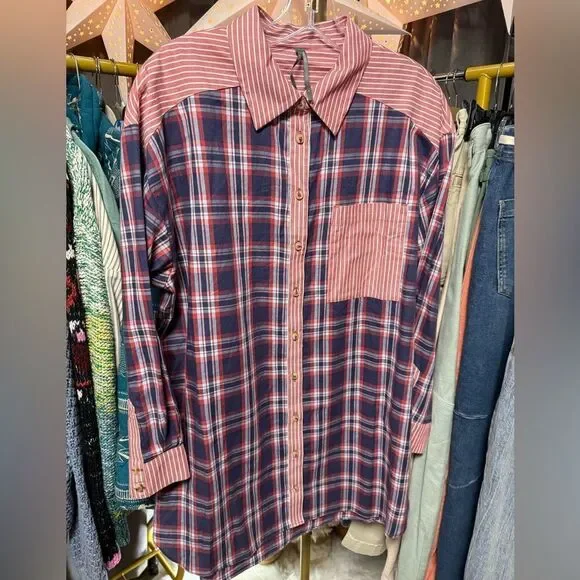 ANTHROPOLOGIE Oversized Plaid Button-Up Shirt Jacket in Blue and Pink NWOT - Picture 5 of 5